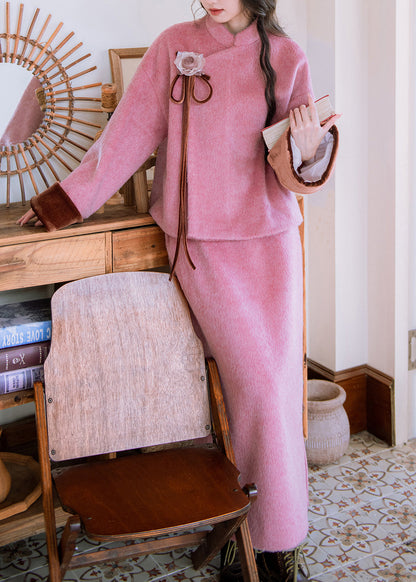 Pink Fur Collar Coat Side Open and Skirts Woolen Two Pieces Set Winter