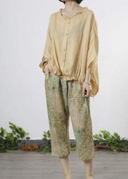 Yellow Ruffled Button Fall Half Sleeve Top
