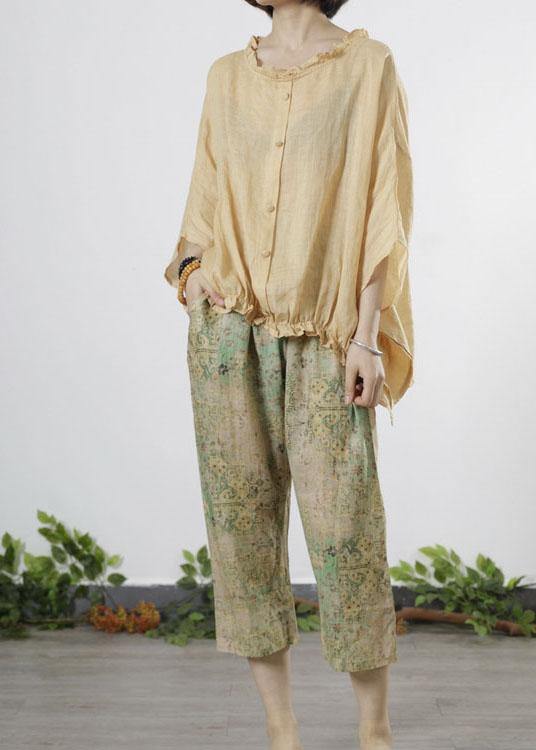 Yellow Ruffled Button Fall Half Sleeve Top