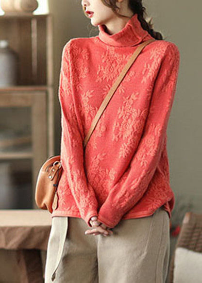 Orange Thick Knit Sweater Tops Jacquard Spring