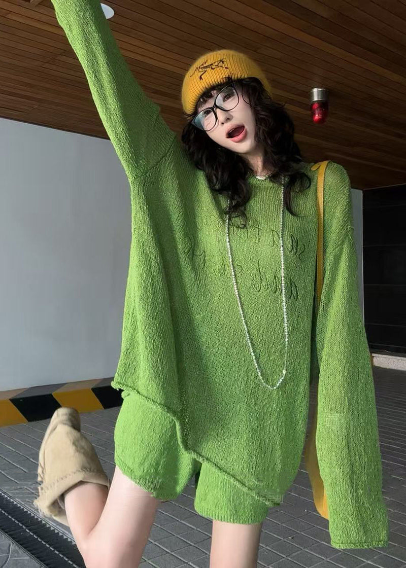 Grass Green Embroidered Letter Knit Two-piece Set Spring