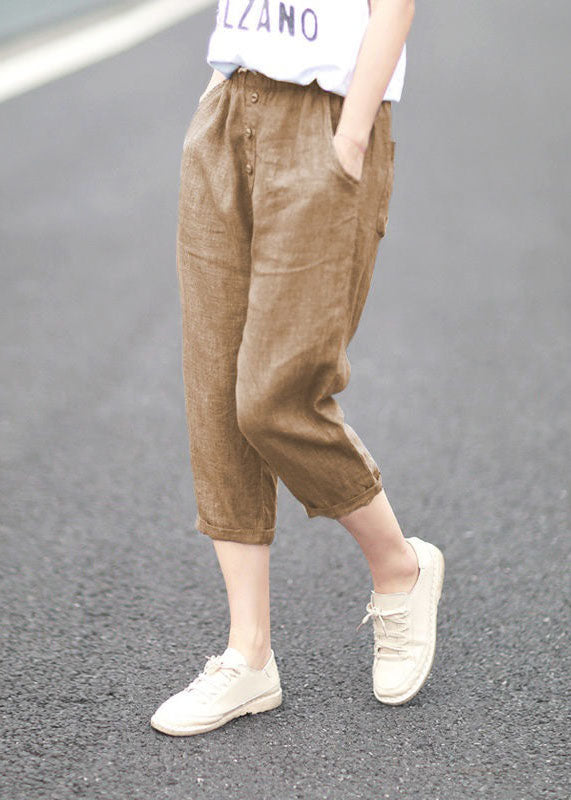 Denim Blue Pockets Patchwork Linen Crop Pants Summer