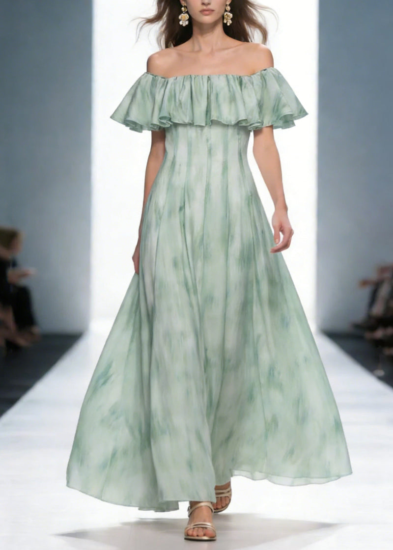 Dinner Green Slash Neck Print Long Dress Short Sleeve