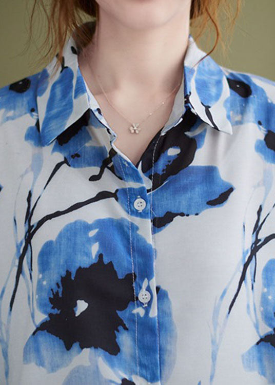 Blue Peterpan Collar Button Print Fall Tops Long Sleeve