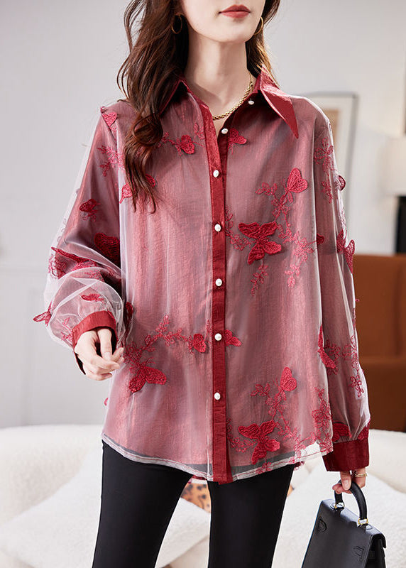 New Red Peter Pan Collar Embroidered Tulle Shirts Fall