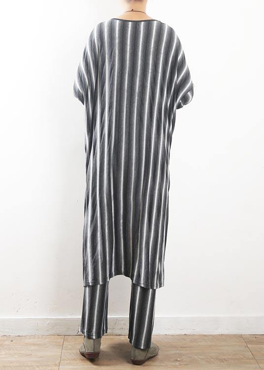 Loose Grey Striped Tie Waist Two Pieces Set Summer Cotton Dress