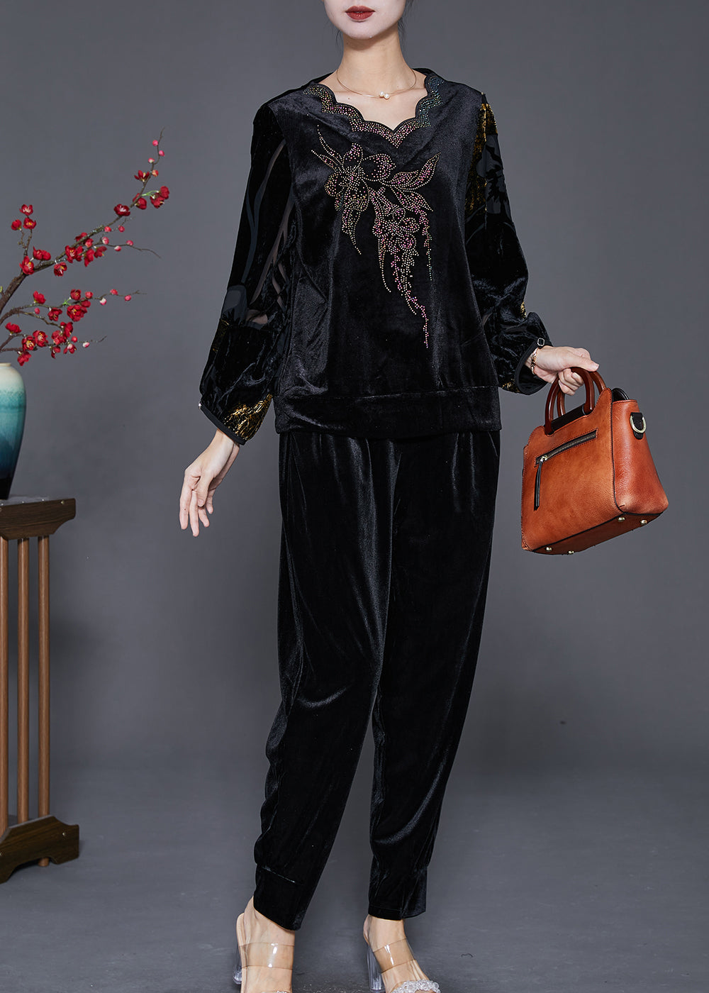 Diy Black Hollow Out Zircon Silk Velour 2 Piece Outfit Fall