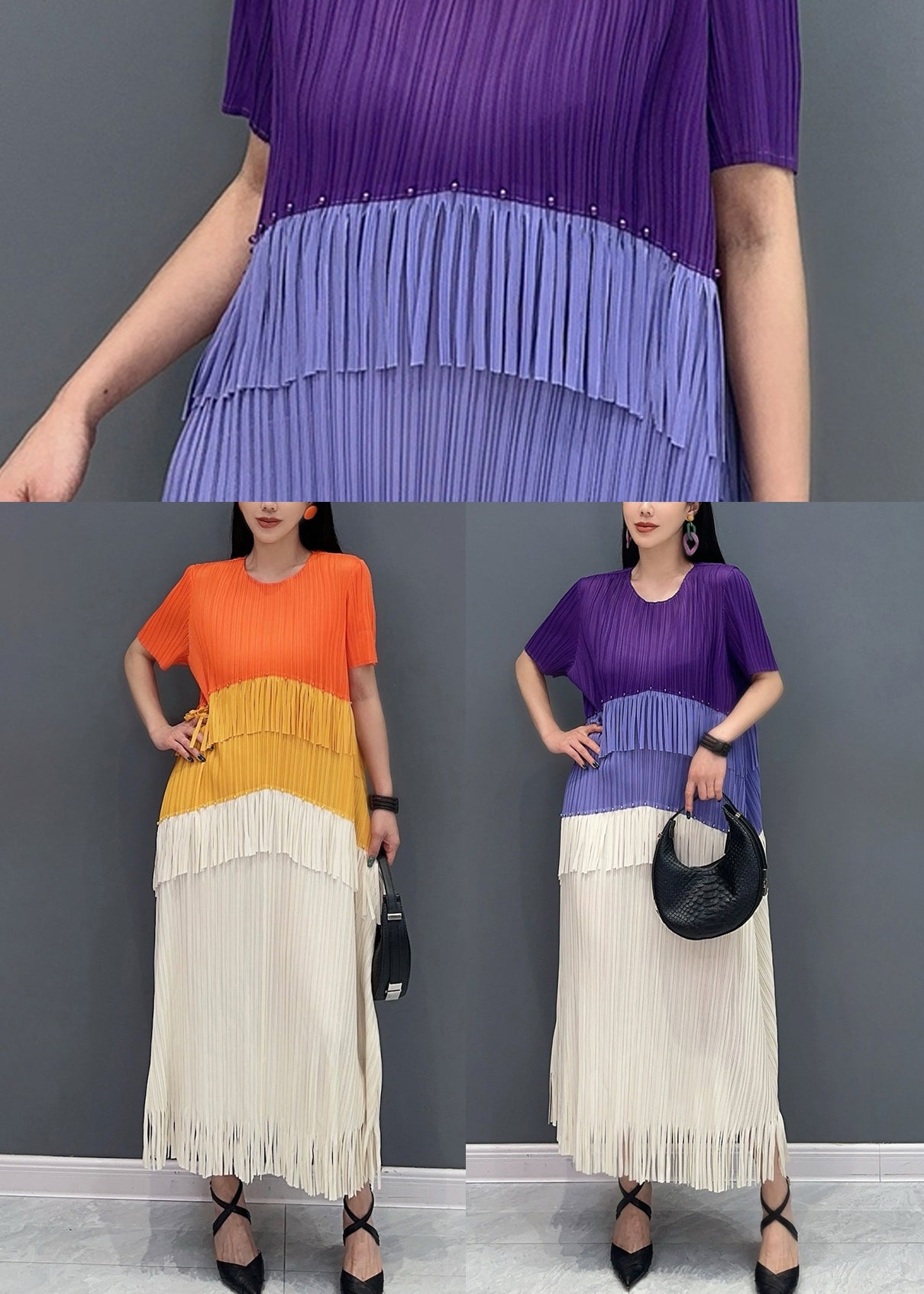 Orange Patchwork Silk Long Dress Tasseled O-neck Summer