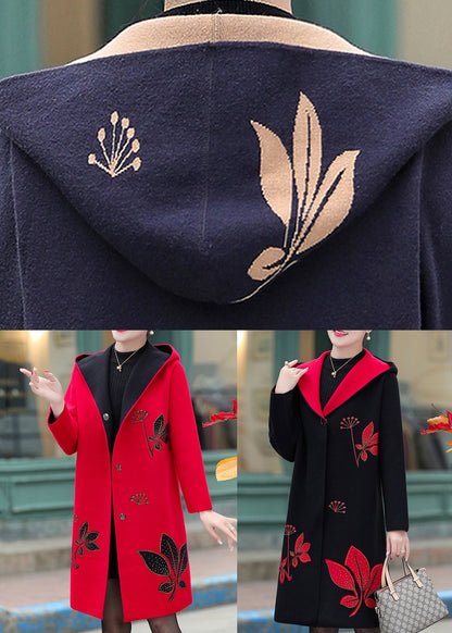 Navy Jacquard Zircon Hooded Woolen Coat Spring