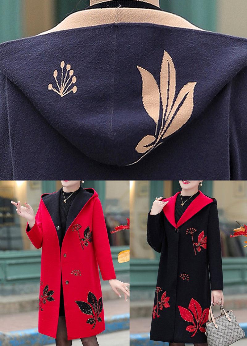 Navy Jacquard Zircon Hooded Woolen Coat Spring