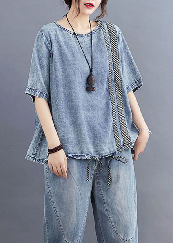 Blue O Neck Plaid Patchwork Denim T Shirt Top Summer
