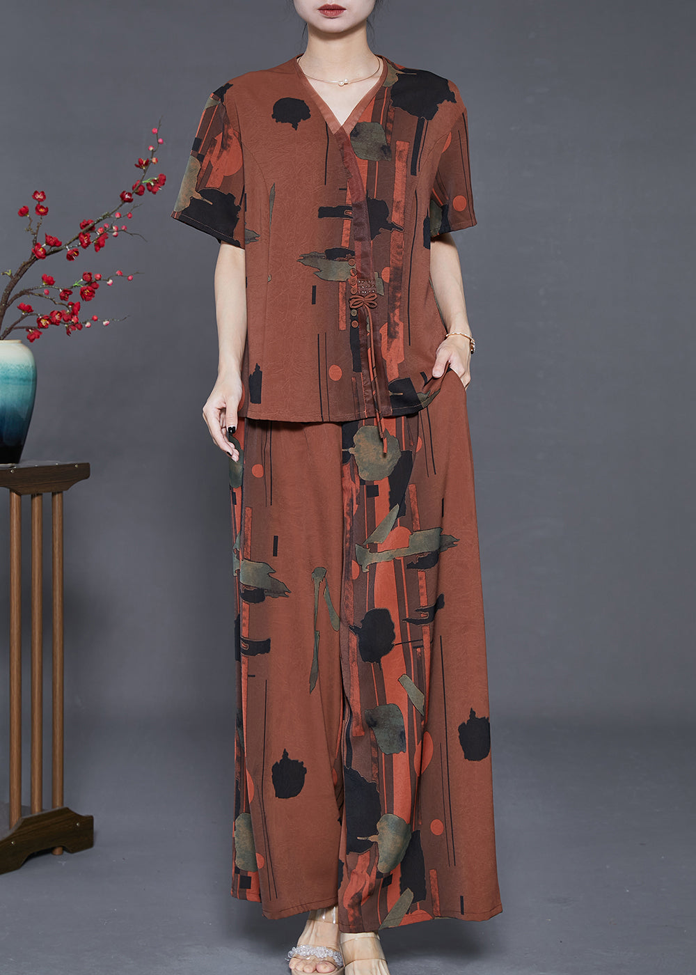 Caramel V Neck Print Silk Two Pieces Set Summer
