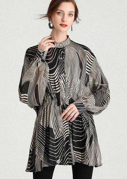 Black Stand Collar Striped Chiffon Cinch Blouse Tops Long Sleeve