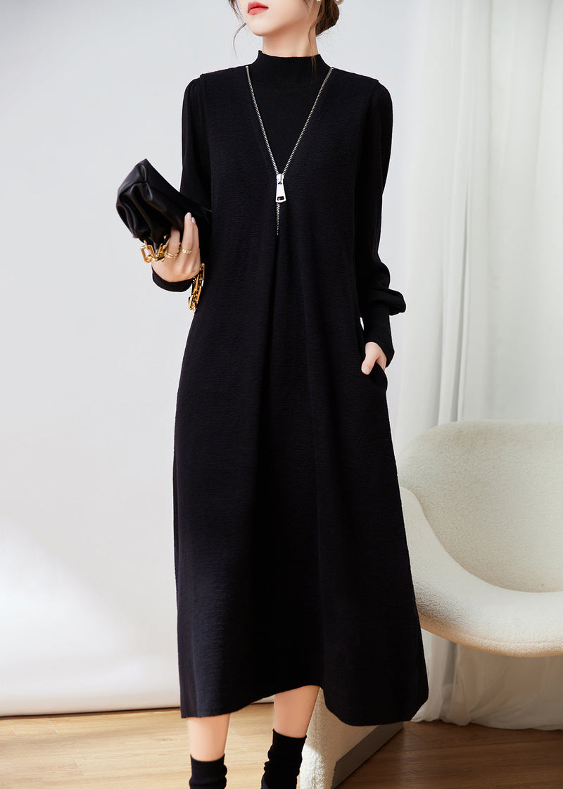 French Black Zippered Waistcoat Dresses and Top Knit Two-piece Set Winter