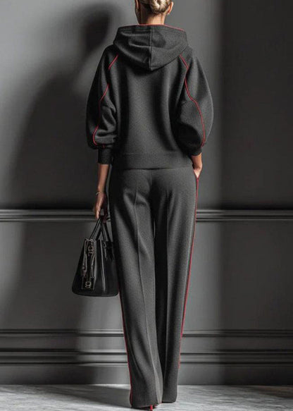 Dark Gray Hooded Striped Sweatshirts and Pants Cotton Two Pieces Set Spring