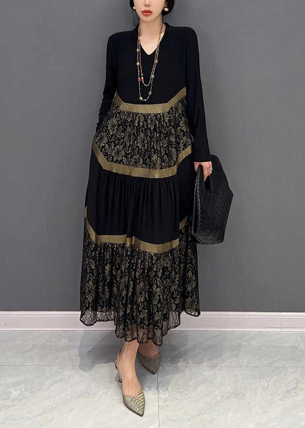 Black V Neck Print Tulle Patchwork Cotton Dresses Fall