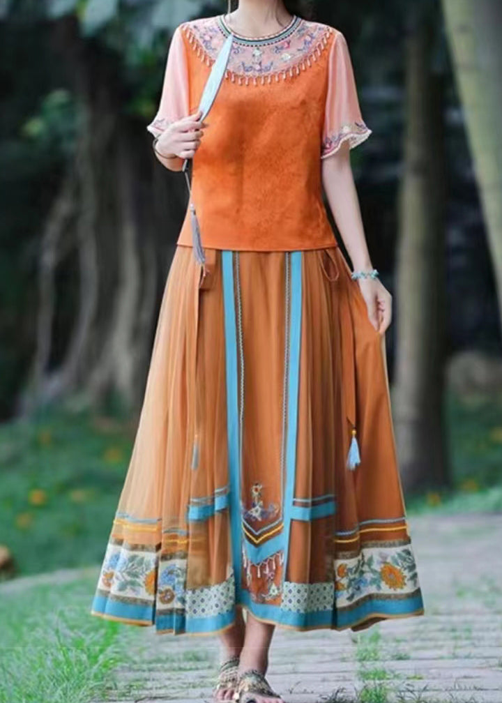 Original Orange Wrinkled Print High Waist Tulle Skirt Spring