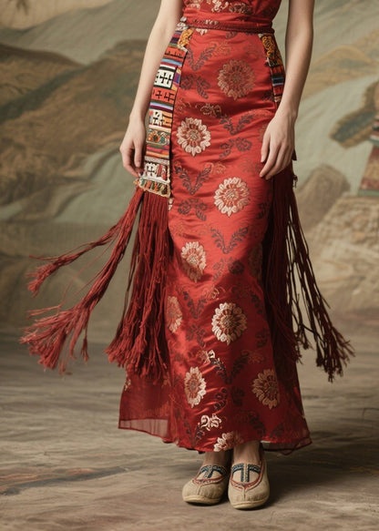 Red Tasseled Print Silk Long Dress Sleeveless