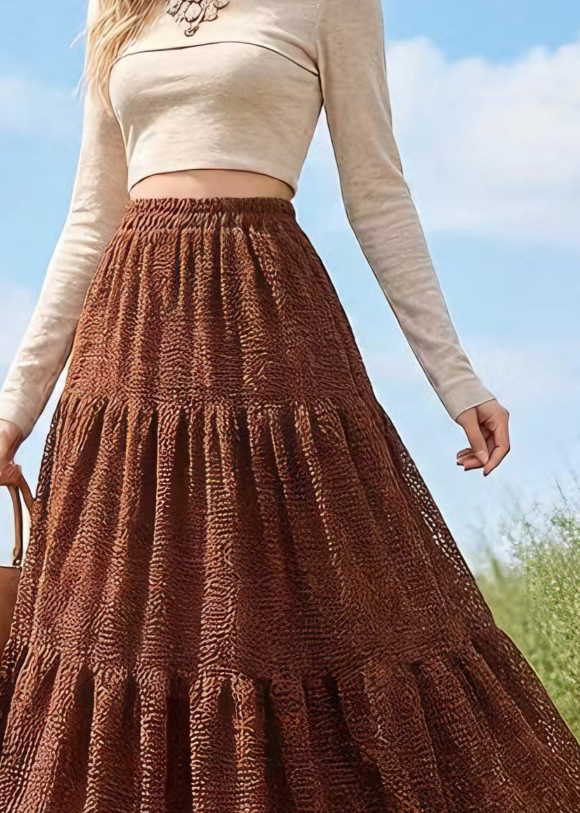 French Coffee Wrinkled Patchwork Hollow Out Lace Skirts Spring
