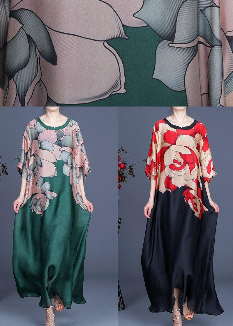 French Green Print Three Quarter Sleeve Silk Summer Dress Two Pieces Set