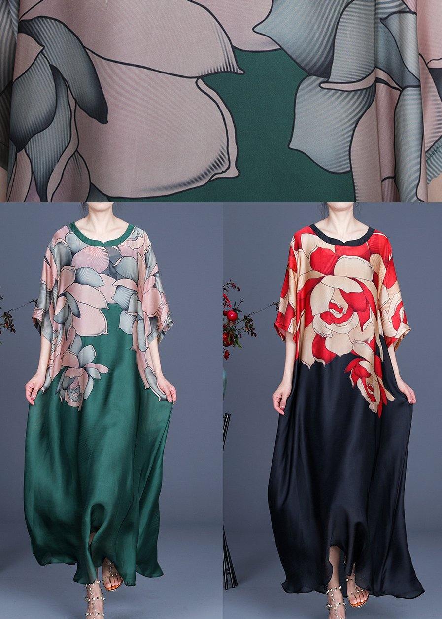 French Green Print Three Quarter Sleeve Silk Summer Dress Two Pieces Set