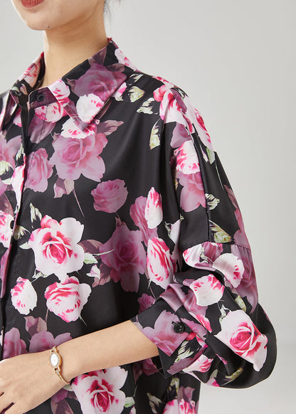 Natural Black Oversized Rose Chiffon Shirt Tops Spring