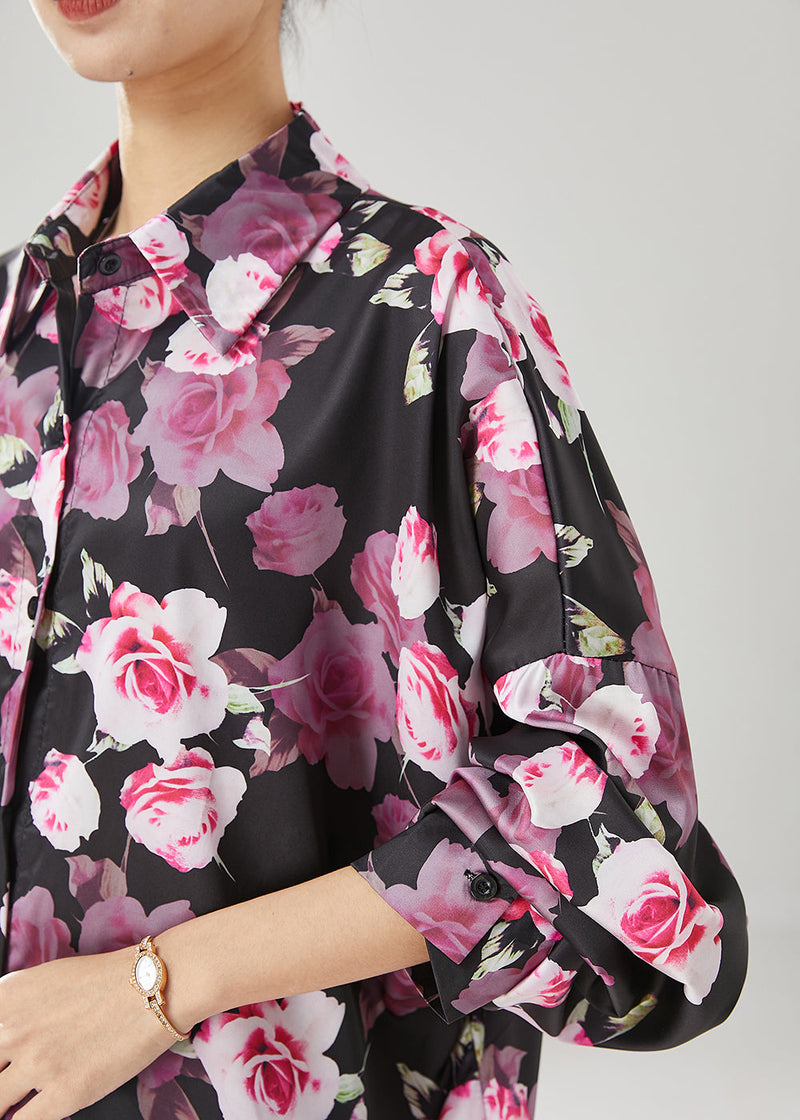 Natural Black Oversized Rose Chiffon Shirt Tops Spring