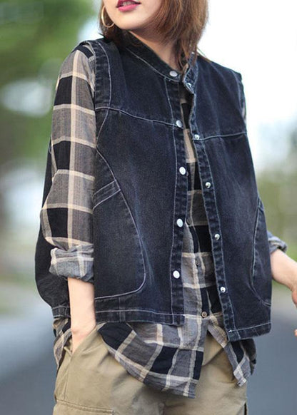 Fitted Black Stand Collar Pockets Button Fall Top Sleeveless Waistcoat