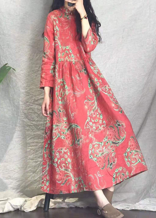 Red Cinched Stand Collar Print Linen Long Dresses Spring