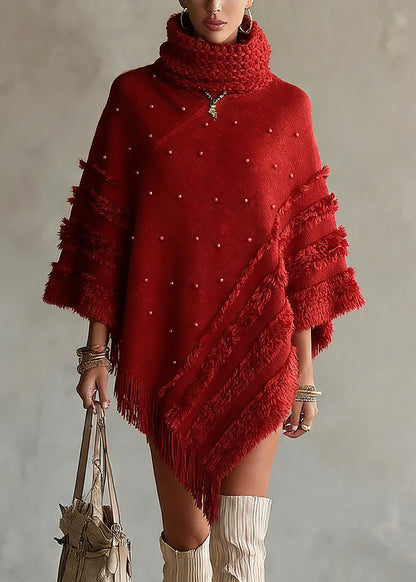 Red Turtleneck Tassel Patchwork Cotton Knit Sweaters Tops Batwing Sleeve