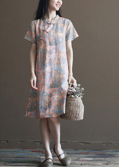 Pink Stand Collar Print Linen Cheongsam Dress Short Sleeve