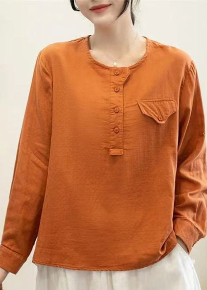 Simple Orange O-neck Patchwork Button Tops Long Sleeve
