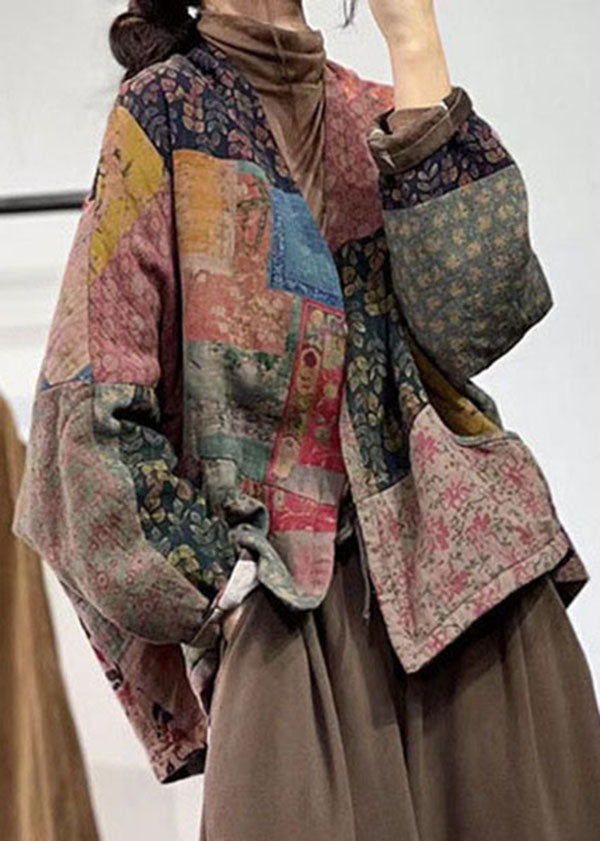 Colorblock V Neck Patchwork Print Cotton Coat Outwear Winter