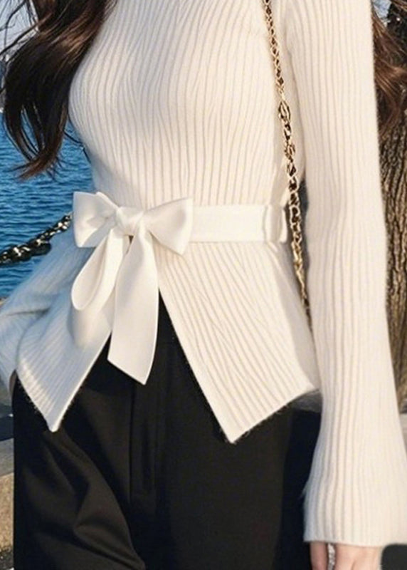 White Turtleneck Bow Cotton Knit Sweater Spring