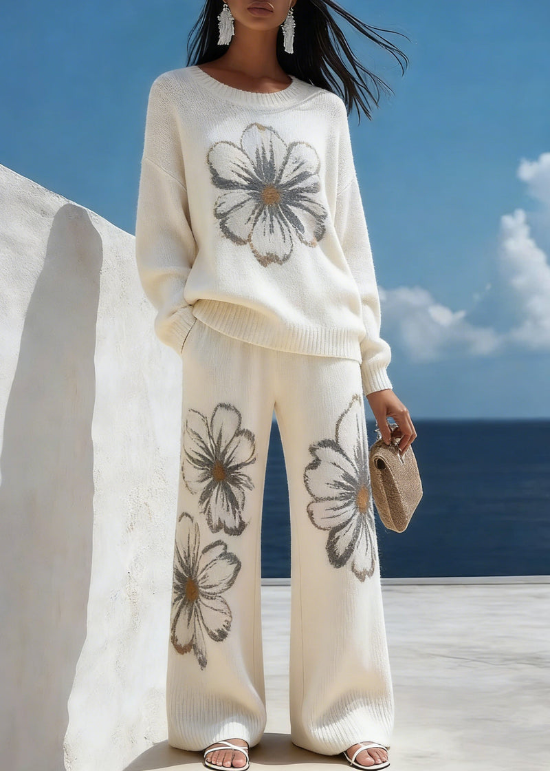 White Cozy Knit Two Piece Suit Set O-neck Spring