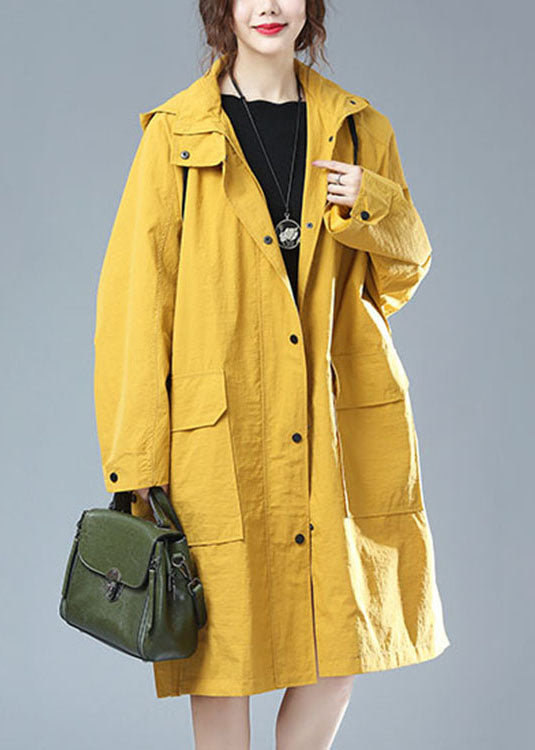 Yellow Hooded Print Pockets Patchwork Cotton Trench Coat Fall