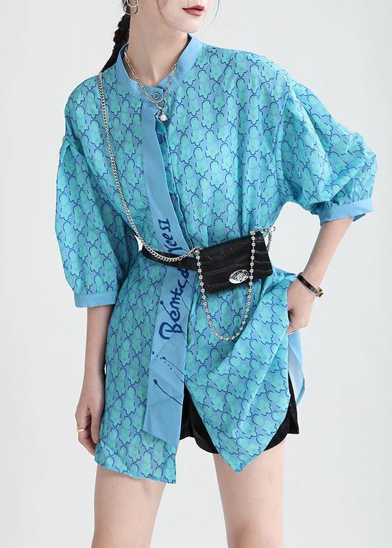 Fine Blue Print Stand Collar Asymmetrical Design Half Sleeve Top