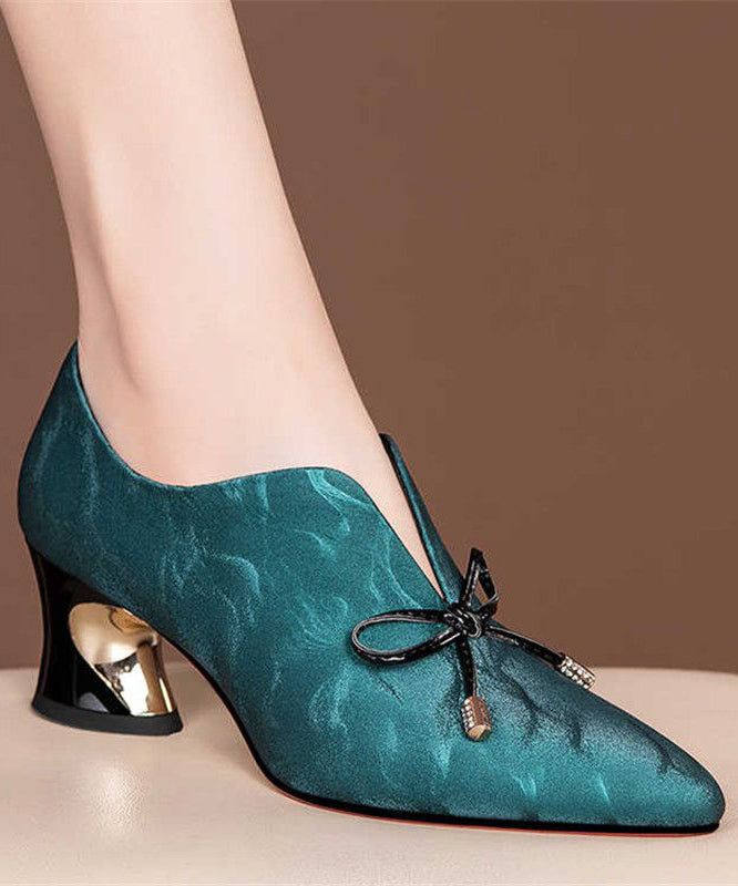 Bow Splicing Pointed Toe Chunky Black Cowhide Leather