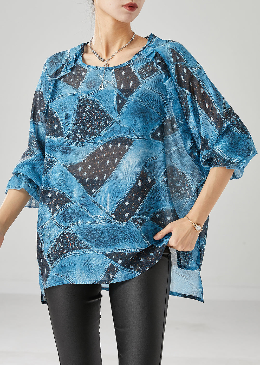 Blue Ruffled Print Chiffon Tanks Fall
