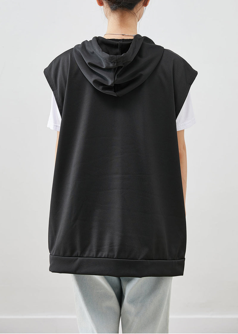 Black Hooded Drawstring Cotton Vest Fall