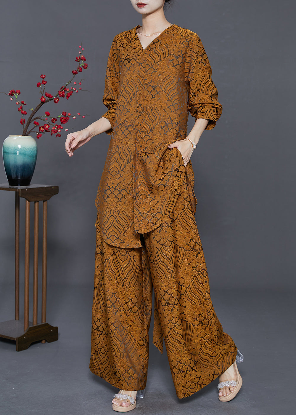 Yellow Oversized Print Silk Two Pieces Set Fall