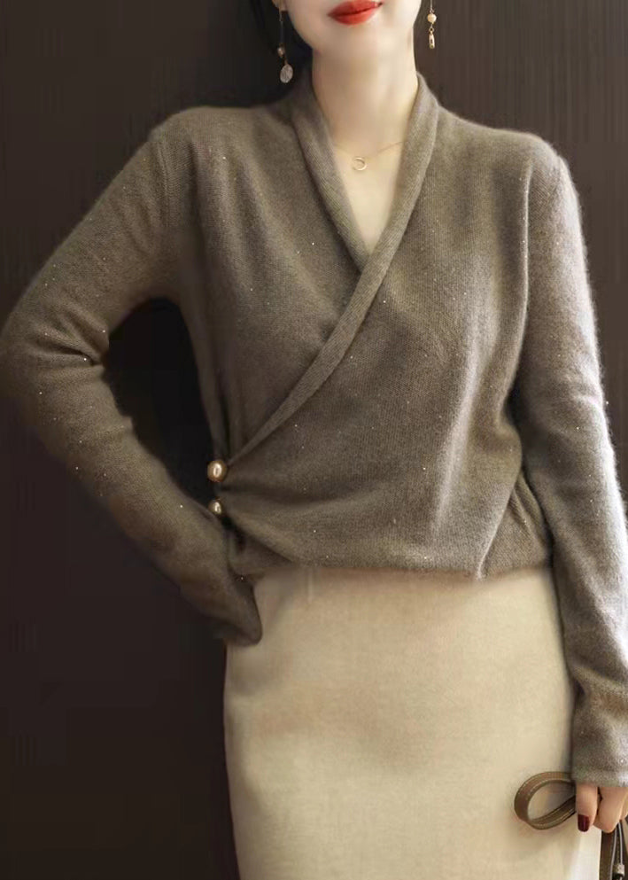 Modern Chocolate V Neck Thick Cashmere Knitted Sweater Tops Long Sleeve