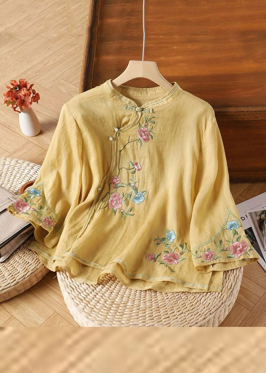 Handmade Yellow Embroidered Button Linen Shirt Bracelet Sleeve Fall