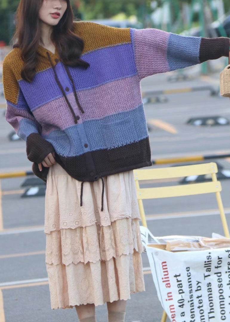 Simple Purple Button Pockets Patchwork Fall Drawstring Knit Sweaters