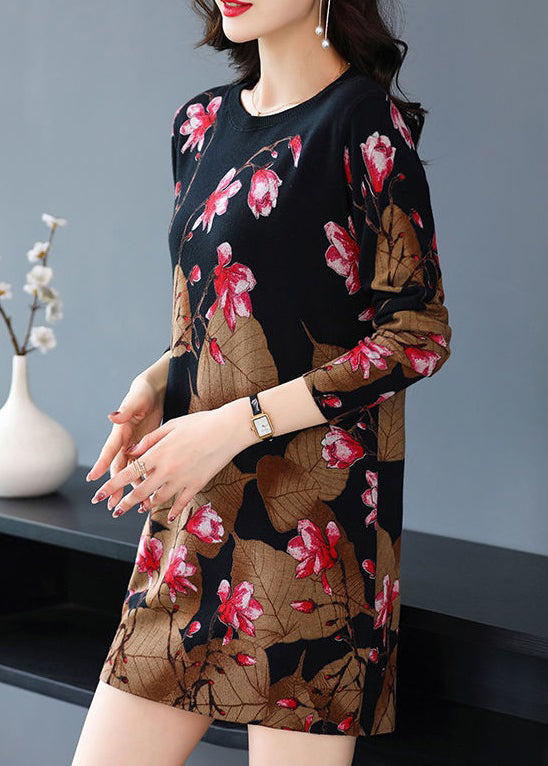 Loose Black O-neck Print Knit Mid Dress Spring