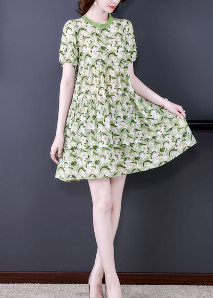 Natural Green O-neck Cinched Print Dress Short Sleeve