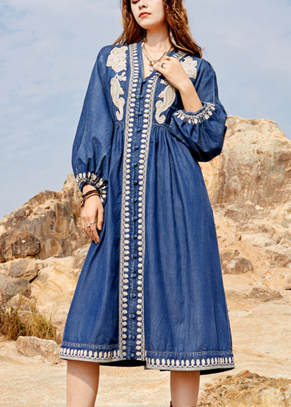 Navy V Neck Embroidered Patchwork Denim Maxi Dresses Spring