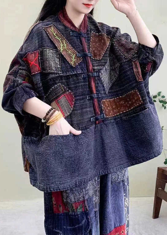 Blue Patch Pockets Oriental Button Cotton Jackets Spring