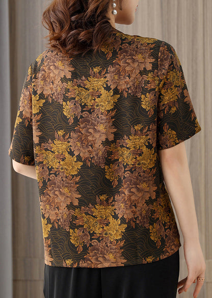 Chocolate Print Silk Blouse Top for O-neck Button Short Sleeve