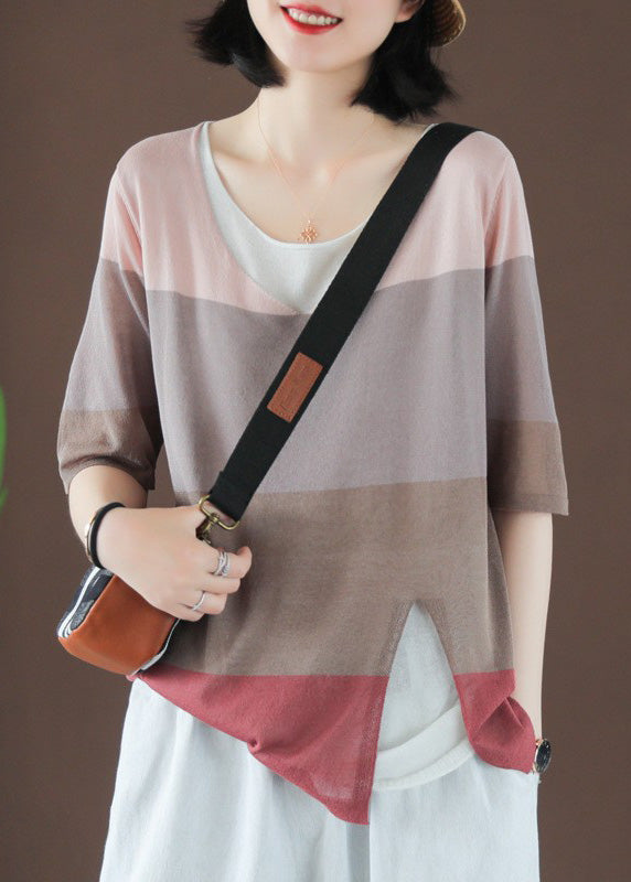 O-neck Striped Patchwork Ice Silk Top Short Sleeve